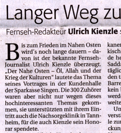 Ausschnitt aus dem Südkuruier vom 26.01.2008 über den Vortrag von Ulrich Kienzle