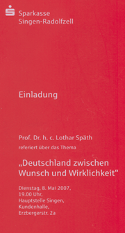 Lothar Späth spricht in Singen Einladungskarte
